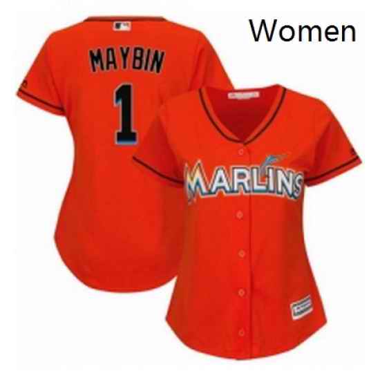 Womens Majestic Miami Marlins 1 Cameron Maybin Replica Orange Alternate 1 Cool Base MLB Jersey